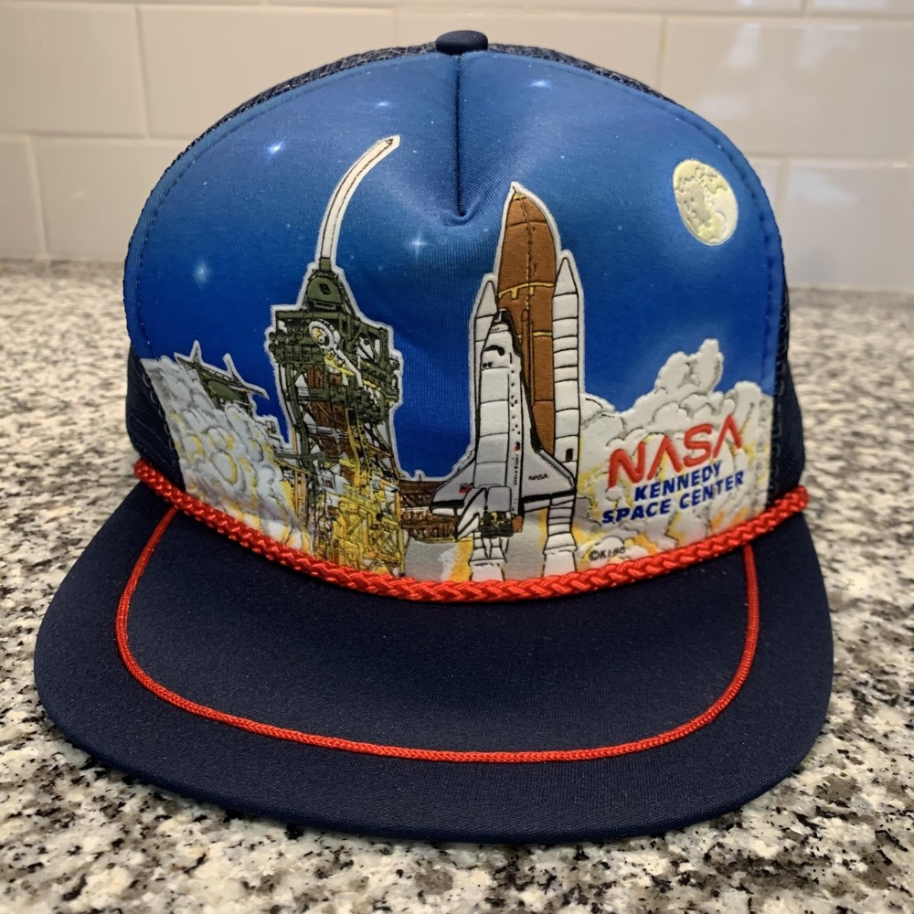 Vintage‎ NASA Kennedy Space Center Hat Cap Snap Back Mesh Trucker Rope Mens 80s